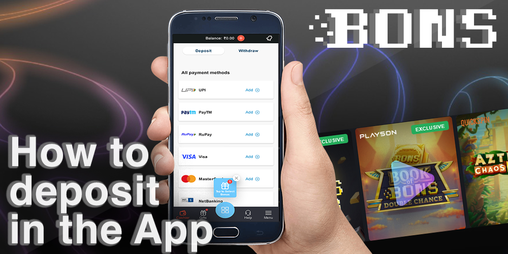 instructions on how to deposit at Bons casino with mobile app and start gambling