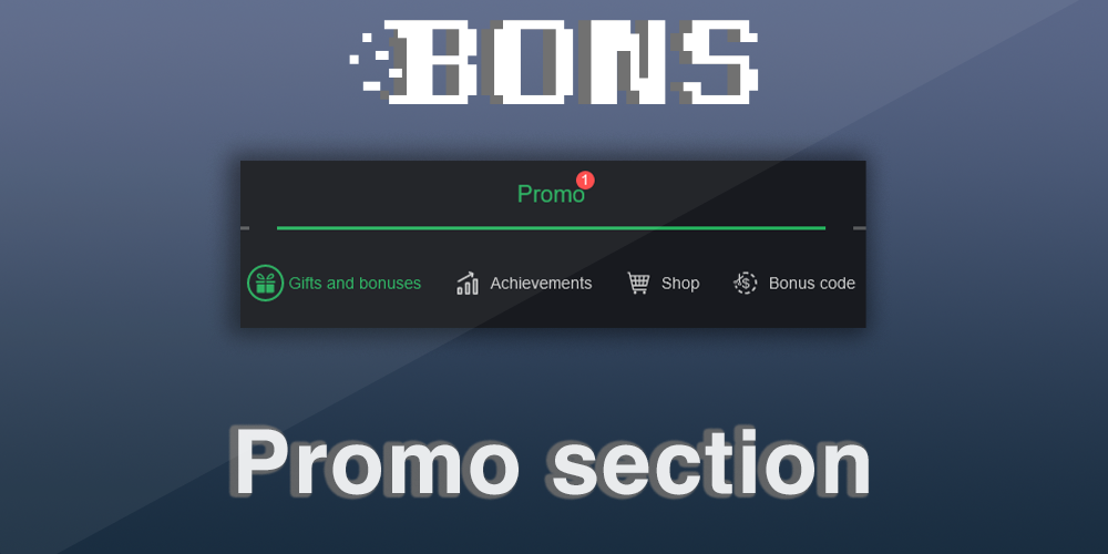 "Promo" section at Bons casino: Gift and bonuses, achievements, shop, bonuscode