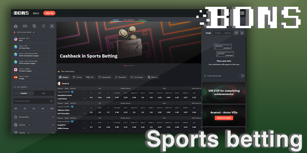 Sports Betting section at Bons - Variety of Sport events in India